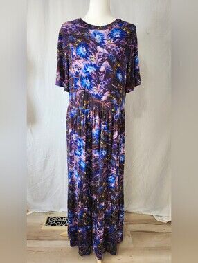 Blue Sky Bamboo Blend Purple & Blue Floral Watercolor Maxi Dress